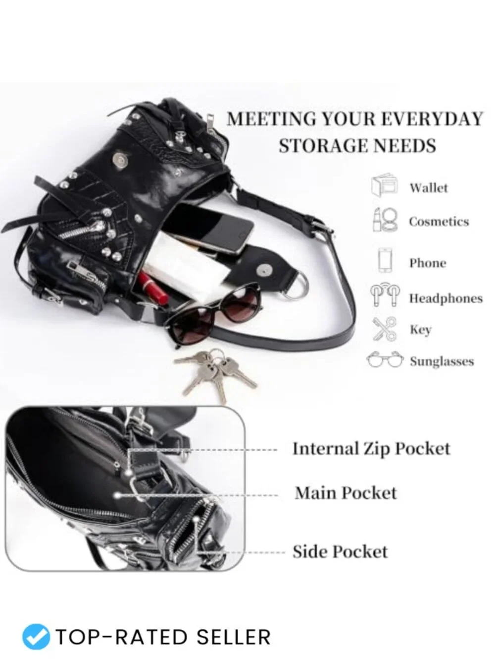 Y2K Faux Leather Studded Hobo Shoulder Bag Crossbody Purse
